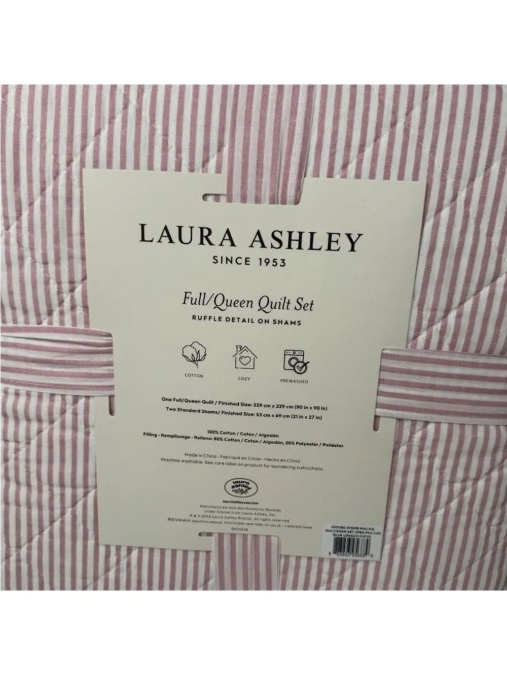 Laura Ashley Full/Queen Pink Oxford Stripe Reversible Cotton Quilt Set NWT